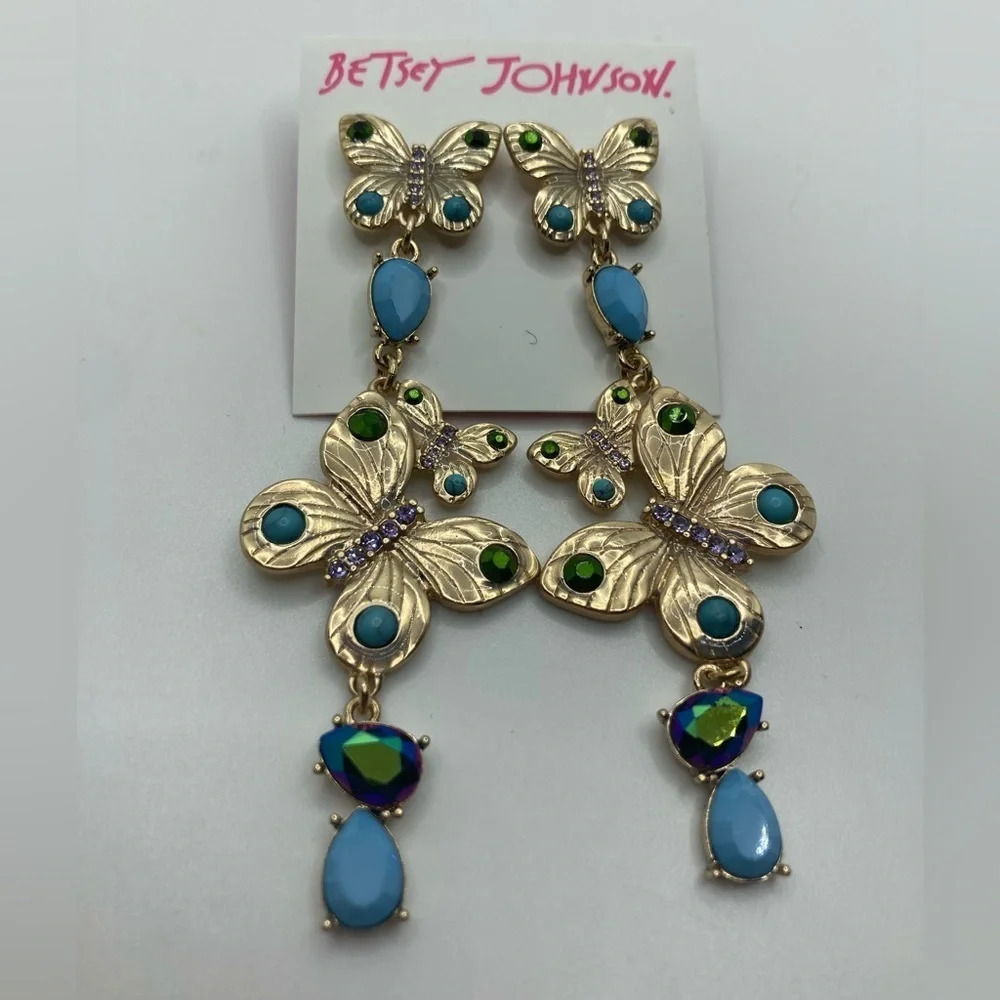 BETSEY JOHNSON Bold Butterfly Crystal-Studded Gold Dangle Drop Earrings NEW NWT